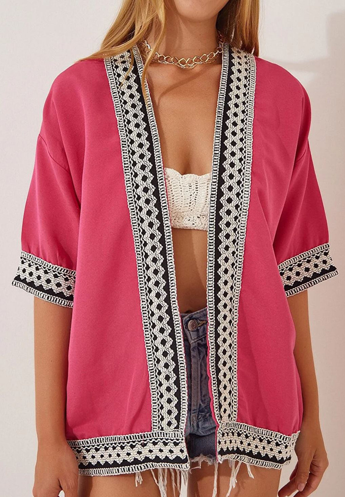 Pink Embroided Linen Kimono
